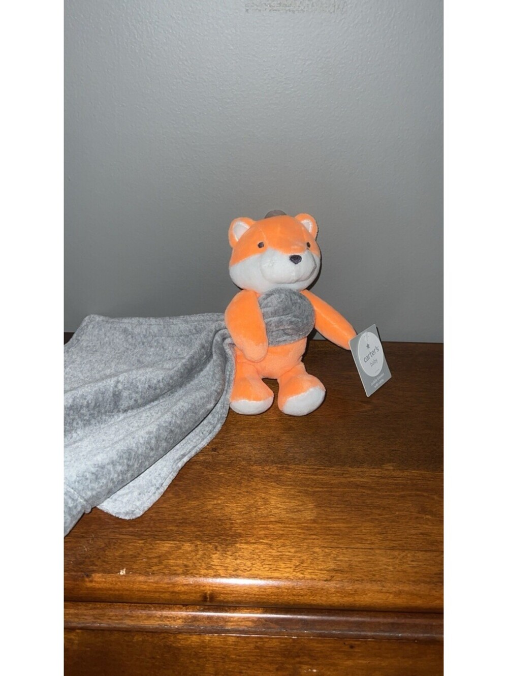 Carters Orange FOX Holding Gray Security Blanket Rattle Plush Lovey NWT